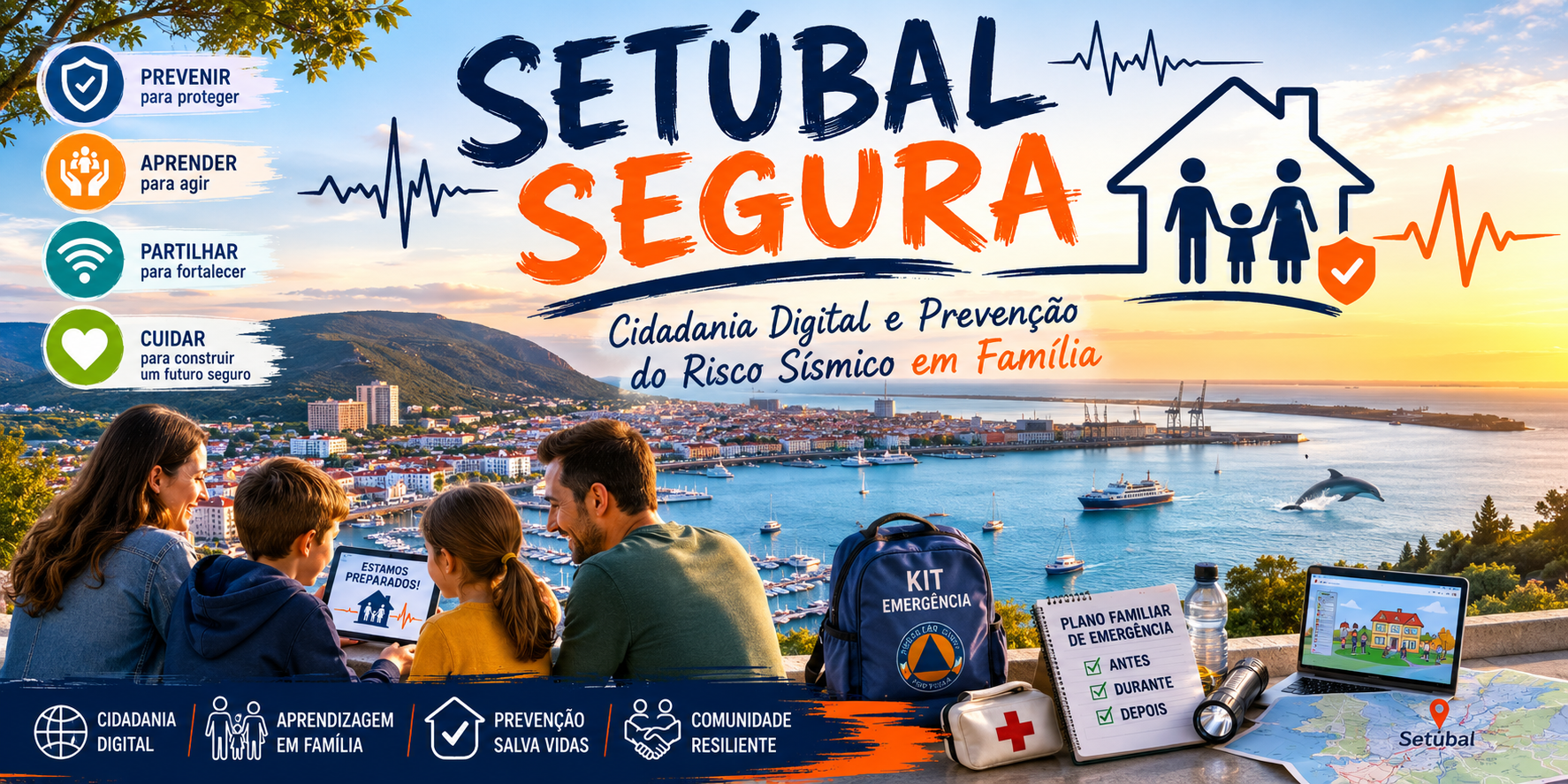 Banner da ação de formação Setúbal Segura: Cidadania Digital e Prevenção do Risco Sísmico em Família, com imagem da Baía de Setúbal, família a utilizar tecnologia digital, kit de emergência e elementos de prevenção do risco sísmico.