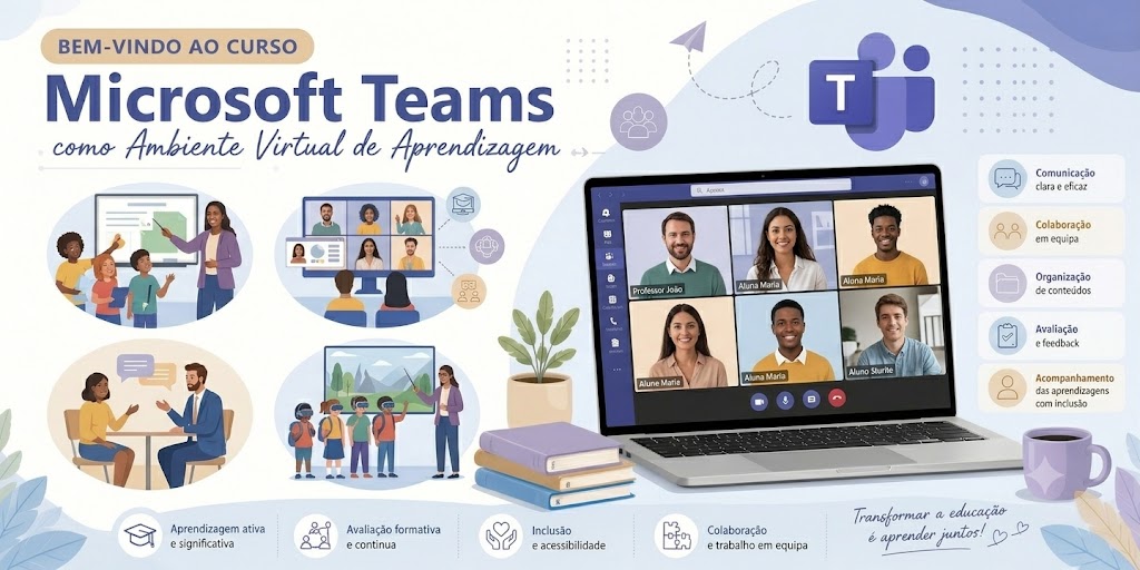 Banner do curso Microsoft Teams como Ambiente Virtual de Aprendizagem, ilustrando colaboração, comunicação, avaliação e aprendizagem digital.